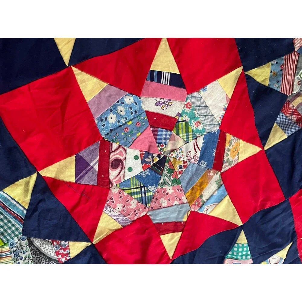 Vintage Handstitched Quilt Topper Red Navy Star Pattern Cottage core 82” x 71”